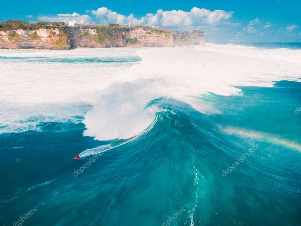 Aerial shooting of big wave surfing in Bali. Big waves in ocean