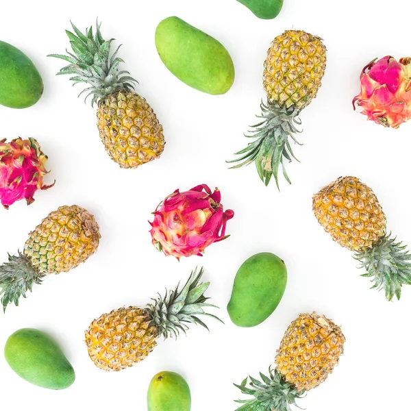 Ananas Mango Smok Owoce Białym Tle Widok Płaski Świeckich Top — Zdjęcie stockowe
