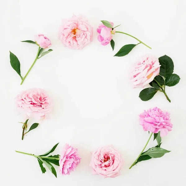 Rosas Rosa Pastel Forma Círculo Isolado Fundo Branco Vista Superior — Fotografia de Stock