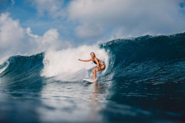 Güzel sörfçü kadın sörfçü okyanusta dalga sürme 
