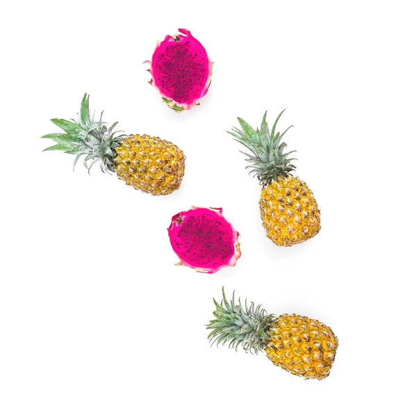 Fruit Composition Pineapple Dragon Fruits Isolated White Background Top View — Stock Photo, Image