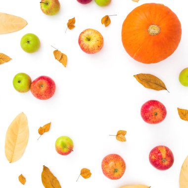 Sonbahar sonbahar çerçeve beyaz arka plan üzerinde üstten görünüm izole kabak ile yaprakları ve elma meyve kurumuş. Şükran günü kavramı 