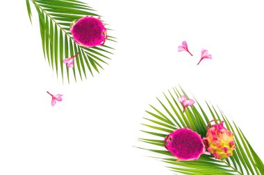 Çiçekli Beyaz arka plan üzerinde üstten görünüm izole gıda kompozisyon dragon meyve ve palmiye yaprakları 