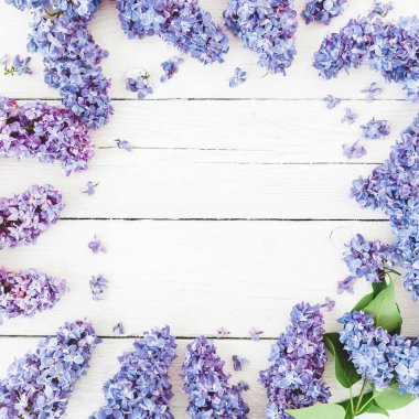 Lila çiçek dalları ahşap zemin üzerine çerçeve. Düz yatıyordu, en iyi görünümü.