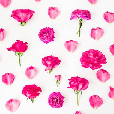 Arka plan pembe gül, yaprakları ve beyaz peonies. Düz yatıyordu, en iyi görünüm. Şık çiçek doku.