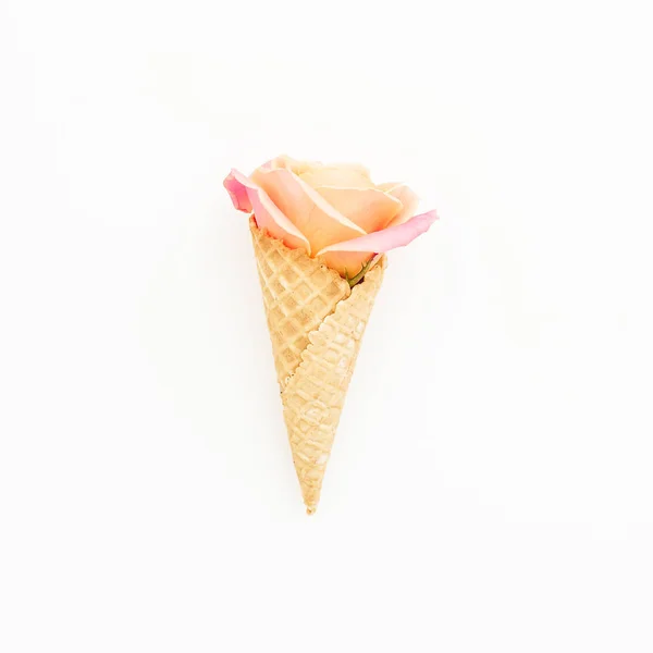 Rose Flower Waffle Cone White Background Flat Lay Top View — Stock Photo, Image