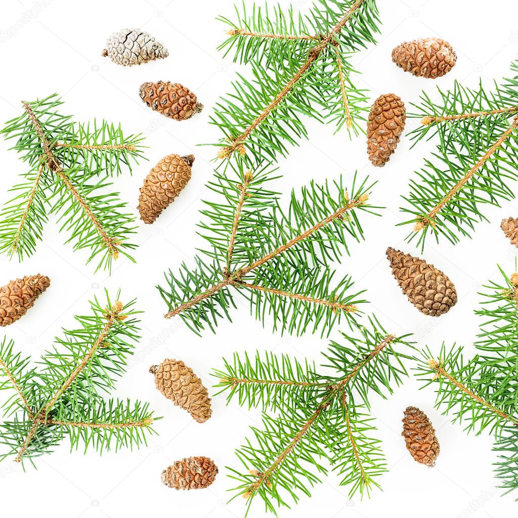 Christmas pattern made of fir branches and pine cones on white. New year background. Flat lay, top view