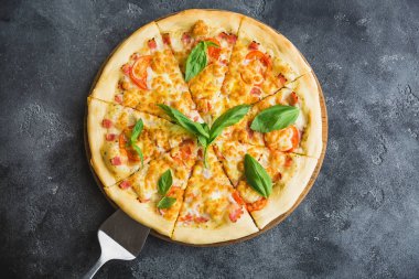 Pastırma, peynir, domates ve fesleğen ile lezzetli pizza koyu arka plan üzerinde bırakır. Düz yatıyordu, en iyi görünümü.