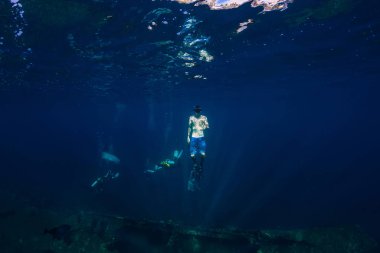 Freediver insan derinlemesine açılır ve shaka