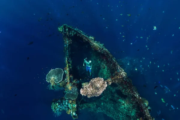 Freediver Nuotare Uss Liberty Wreck Bali — Foto Stock