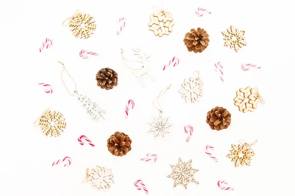 Christmas Background Wooden Tree Decoration Snowflakes Pine Cones White Flat — Stock Photo, Image