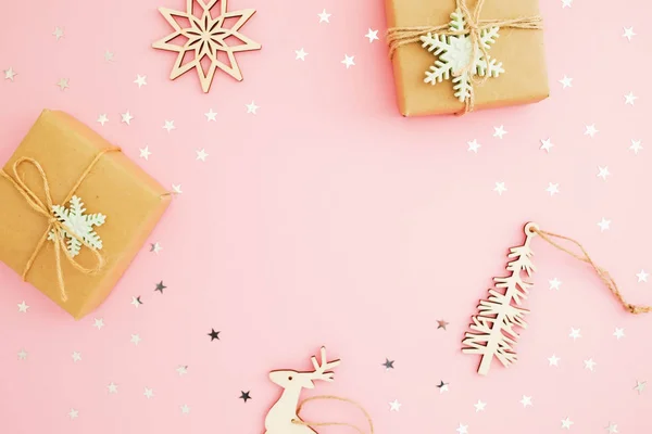 Christmas Frame Christmas Gifts Decoration Toys Silver Confetti Pink Background — Stock Photo, Image