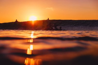 Sörfçü ve varil dalga gün batımında. Okyanusta Sörf Professional