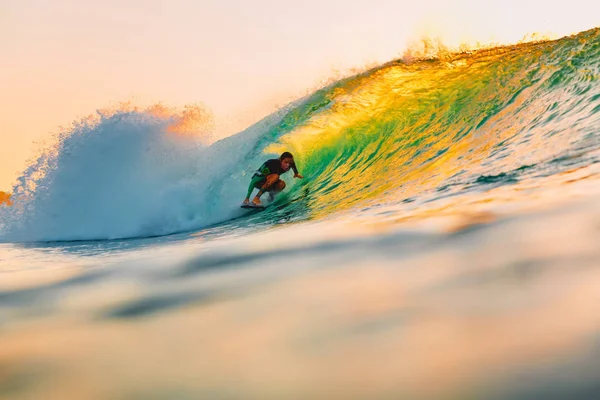 September 2018 Bali Indonesia Surfer Ride Barrel Wave Warm Sunset — Stock Photo, Image