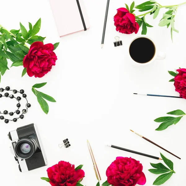 Ram Sammansättning Med Rosa Dagbok Och Pion Blommor Med Vintage — Stockfoto