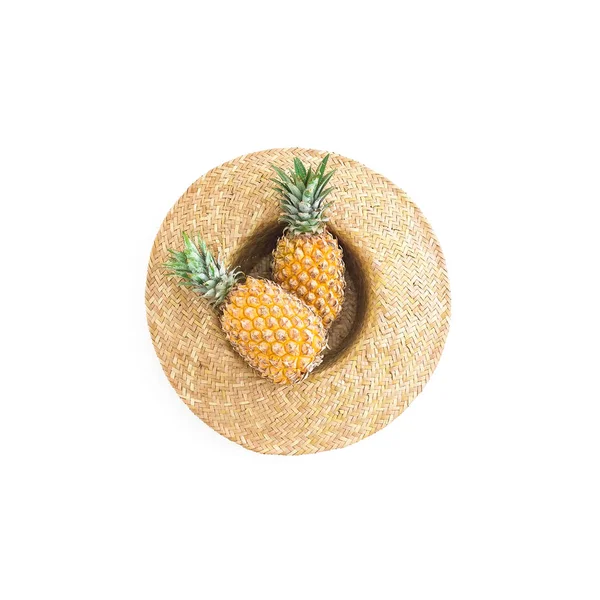 Holidays Summer Concept Pineapple Fruit Straw Hat White Background Flat — Stock Photo, Image