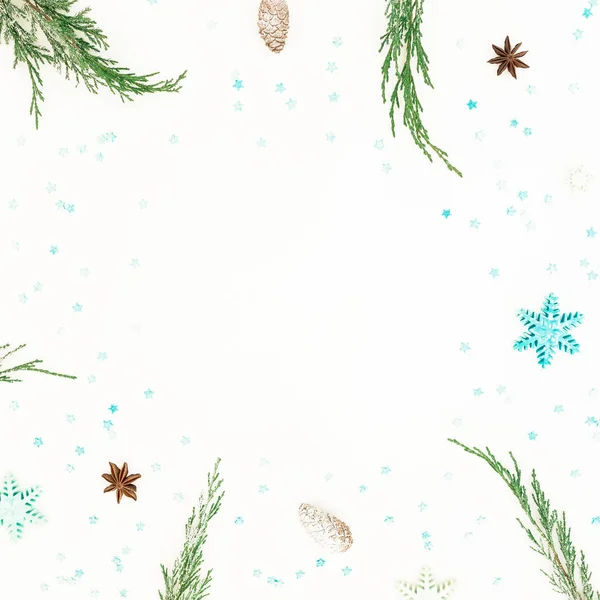 Christmas Frame Evergreen Tree Branches Blue Snowflakes Pine Cone White — Stock Photo, Image