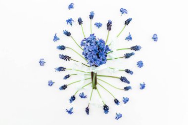 Çiçek desenli mavi çiçekler ve beyaz arka plan üzerinde pembe sümbül buket. Düz yatıyordu, en iyi görünümü.