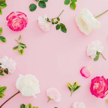Beyaz ve kırmızı güller ve pastel pembe arka plan yapraklarda çiçek kompozisyonu. Düz yatıyordu, en iyi görünümü.