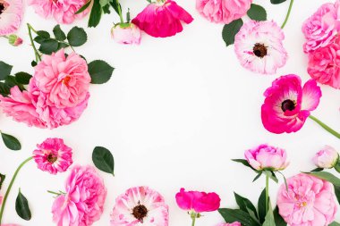 Pembe güller ve beyaz arka plan üzerinde Anemon çerçeve çiçek. Düz yatıyordu, en iyi görünüm. Pastel çiçek kompozisyon.