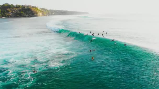 Vista Aérea Onda Turquesa Oceano Tropical Surfistas Fila — Vídeo de Stock