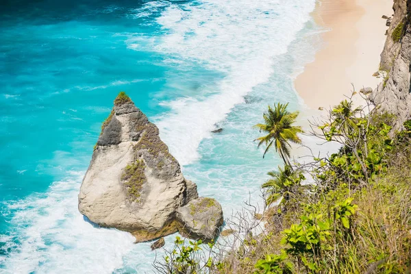 Playa Tropical Con Palmeras Coco Roca Nusa Penida Bali Indonesia — Foto de Stock