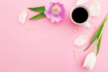 Bahar çiçekleri ve yaprakları kupa kahve üzerinde pembe bir arka plan ile. Kadın blogger kavramı. Düz yatıyordu, en iyi görünümü.