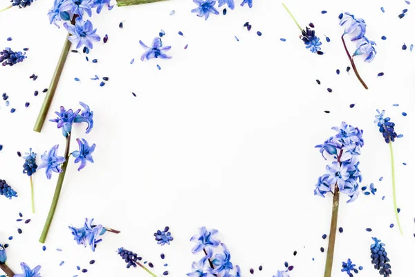 Floral Voorjaar Frame Met Blauwe Bloemen Roze Hyacinten Bloem Witte — Stockfoto