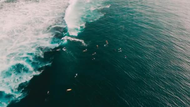 Vista Aérea Onda Del Barril Los Surfistas Alineación Olas Surf — Vídeo de stock