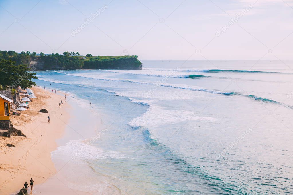 Blue big waves for surfing in Bali, Tropical beach and ocean waves in Indonesia