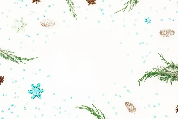 Christmas Frame Evergreen Tree Branches Blue Snowflakes Pine Cone White — Stock Photo, Image