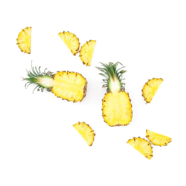 Tropical Fruit Concept Sliced Pineapple Isolated White Background Flat Lay — Stock Photo, Image