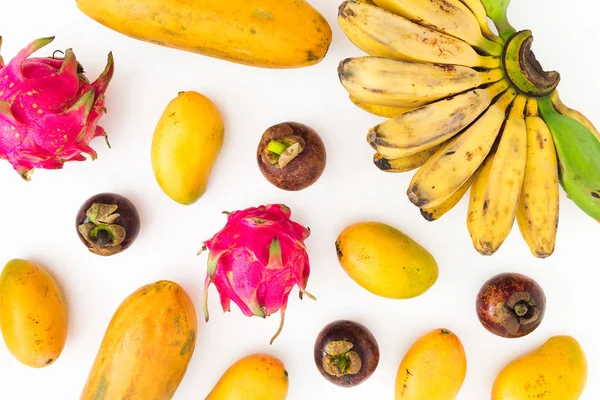 Τροφίμων Μοτίβο Μπανάνα Παπάγια Μάνγκο Mangosteen Και Δράκος Φρούτα Άσπρο — Φωτογραφία Αρχείου