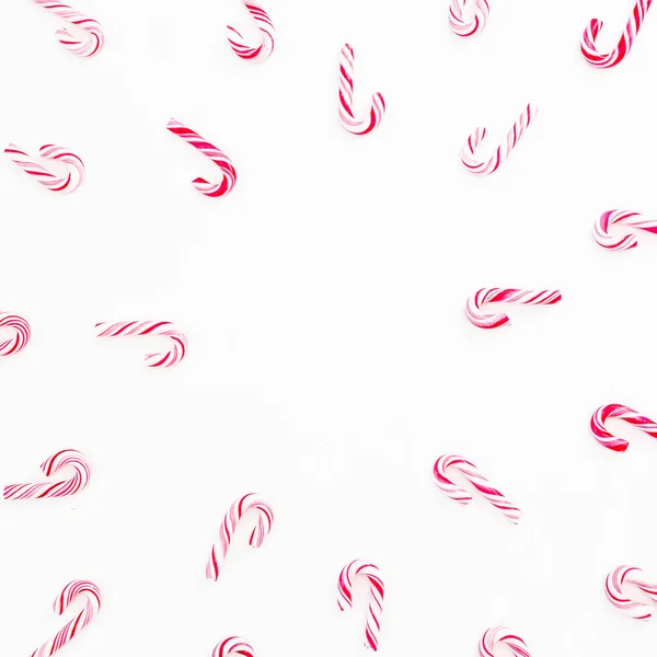 Zima Boże Narodzenie Kompozycja Kadru Trzciny Cukrowej Candy Białym Tle — Zdjęcie stockowe