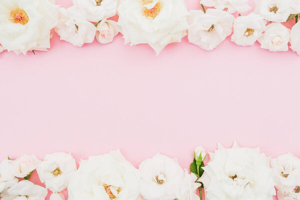 Floral border frame with white roses flowers on pink background. Flat lay, top view.