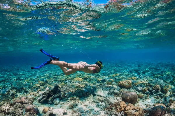 Woman Free Diver Bikini Swimming Underwater Tropical Blue Ocean — Stock Photo, Image