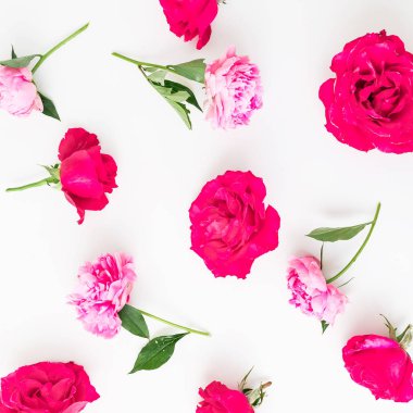 Çiçek desenli pembe güller ve beyaz arka plan üzerinde peonies. Düz yatıyordu, en iyi görünüm. Çiçekler doku.