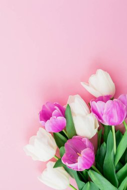 Buket pastel arka plan üzerinde beyaz ve Pembe çiçeklerden yapılmış. Bahar arka plan.