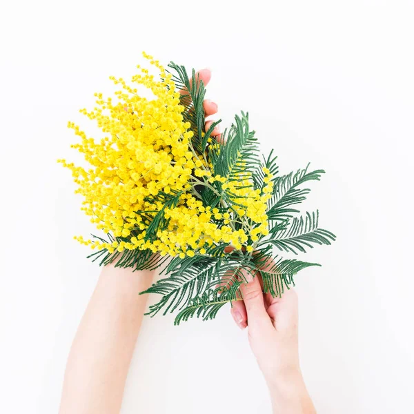 Woman Hold Hands Bouquet Yellow Flower Branches White Flowers Woman — Stock Photo, Image