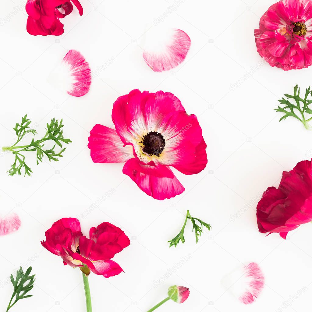 Floral pattern with pink spring flowers on white background. Flat lay, Top view. Flowers texture.