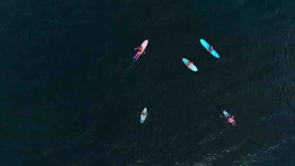 冲浪板上的海洋和冲浪者等待海浪 顶视图 — 图库视频影像