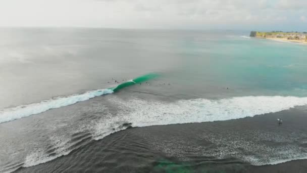 Vista Aérea Oceano Com Ondas Barril Surfistas Bali — Vídeo de Stock