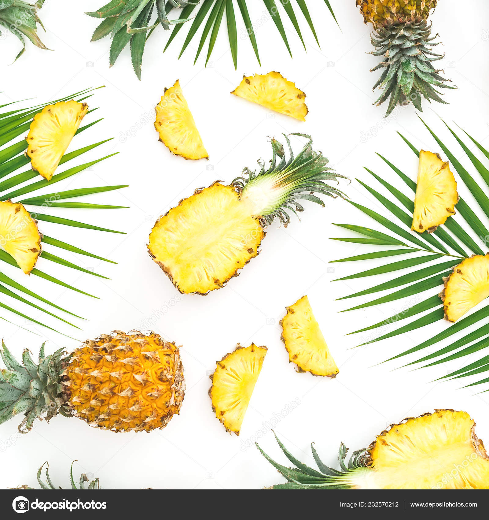 Padrão Alimentar Frutas Abacaxi Folhas Palma Fundo Branco Deitado Plano —  Foto © Keola #232570212, image size:1600x1700