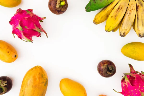 Banán Papaya Mangó Mangosztán Sárkány Gyümölcs Keret Gyümölcsök Fehér Háttér — Stock Fotó