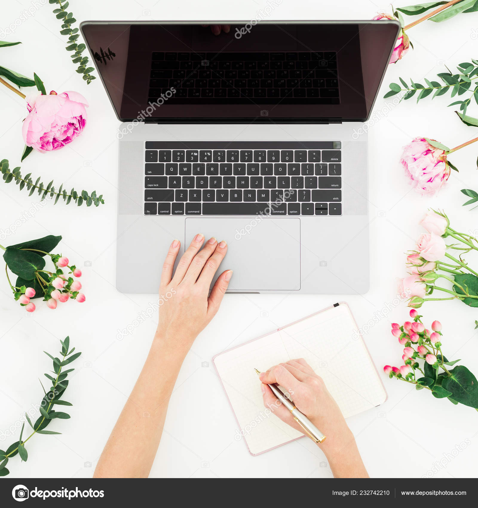 Girl Working Laptop Write Diary Office Workspace Female Hands