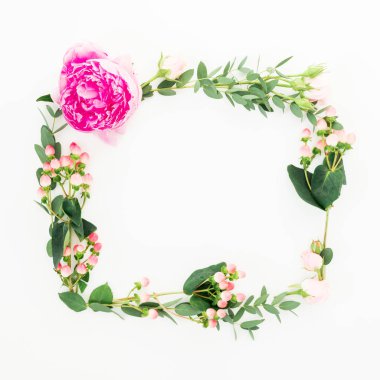 Pembe gül ve şakayık çiçekleri, hypericum ve okaliptüs çerçeve çiçek beyaz arka plan üzerinde dalları. Düz yatıyordu, en iyi görünümü