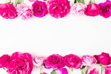 Pembe gül, yaprakları ve beyaz arka plan üzerinde peonies çerçevesinde. Düz yatıyordu, en iyi görünüm. Parlak çiçek doku.