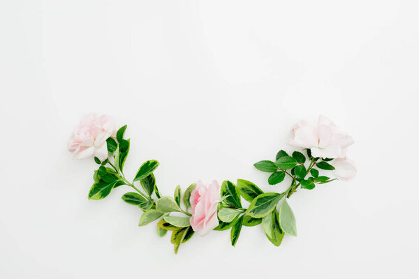 Floral composition of pastel roses and green leaves on white background. Flat lay, top view.
