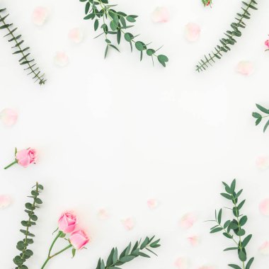 Pembe gül, yaprakları ve beyaz arka plan dallarda okaliptüs çerçeve çiçek. Düz yatıyordu, en iyi görünümü