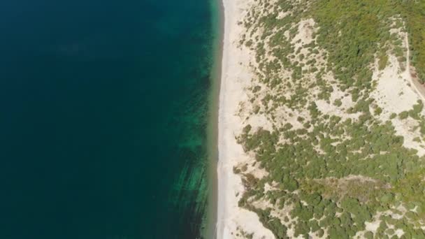 森林ドローンから澄んだ青い水と海の海岸線 平面図です 航空写真ビュー — ストック動画